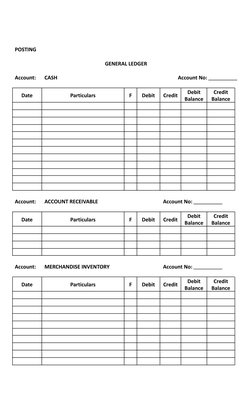 POSTING
GENERAL LEDGER
Account:
CASH
Account No:
Date
Particulars
F
Debit
Credit
Debit
Balance
Credit
Balance
Account:
ACCOUN