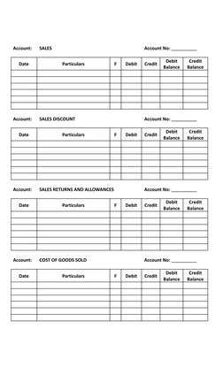 Account:
SALES
Account No:
Date
Particulars
F
Debit
Credit
Debit
Balance
Credit
Balance
Account:
SALES DISCOUNT
Account No:
D