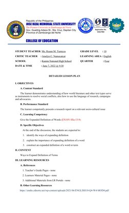 COLLEGE OF EDUCATION
STUDENT TEACHER: Ms. Reann M. Tumicos                       GRADE LEVEL      : 10
CRITIC TEACHER