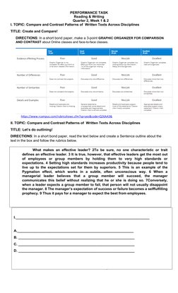 PERFORMANCE TASK
Reading & Writing
Quarter 2, Week 1 & 2
I. TOPIC: Compare and Contrast Patterns of  Written Texts Across Dis