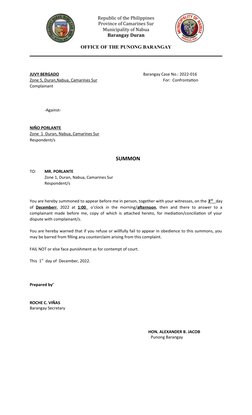 Republic of the Philippines
Province of Camarines Sur
Municipality of Nabua
Barangay Duran
OFFICE OF THE PUNONG BARANGAY
JUVY