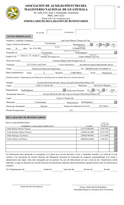 ASOCIACIÓN DE AUXILIO PÓSTUMO DEL  
MAGISTERIO NACIONAL DE GUATEMALA 
5ta. calle 4-56, zona 1, Guatemala, Guatemala 
PBX: 249