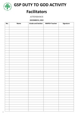 GSP DUTY TO GOD ACTIVITY
Facilitators
ATTENDANCE
DECEMBER 8, 2022
No.
Name
Grade and Section
MAPEH Teacher
Signature
*