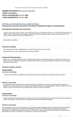 1 / 
Página:
 Sin antecedentes mórbidos, hospitalizaciones ni cirugías. Control sano y vacunas al día.
 Examen físico sano,