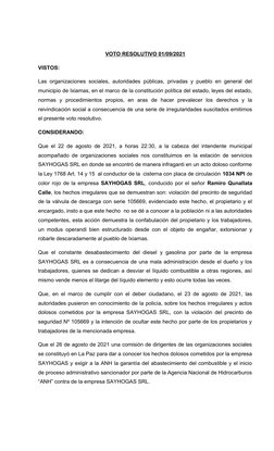 VOTO RESOLUTIVO 01/09/2021
VISTOS:
Las organizaciones sociales, autoridades públicas, privadas y pueblo en general del
munici
