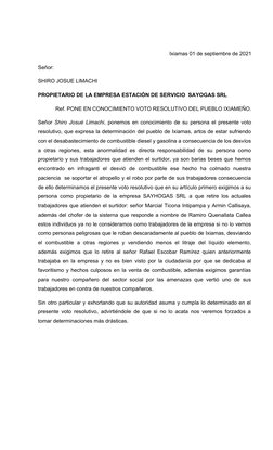 Ixiamas 01 de septiembre de 2021
Señor:
SHIRO JOSUE LIMACHI
PROPIETARIO DE LA EMPRESA ESTACIÓN DE SERVICIO  SAYOGAS SRL
Ref.