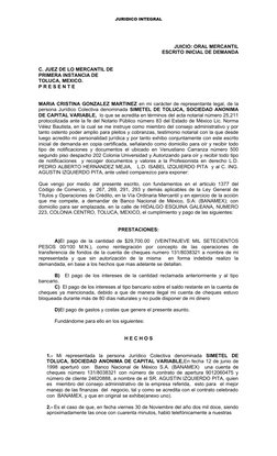 JURIDICO INTEGRAL
JUICIO: ORAL MERCANTIL
ESCRITO INICIAL DE DEMANDA
C. JUEZ DE LO MERCANTIL DE 
PRIMERA INSTANCIA DE 
TOLUCA,