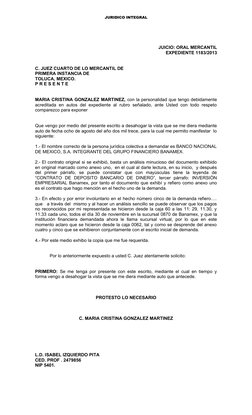 JURIDICO INTEGRAL
JUICIO: ORAL MERCANTIL
EXPEDIENTE 1183/2013
C. JUEZ CUARTO DE LO MERCANTIL DE 
PRIMERA INSTANCIA DE 
TOLUCA