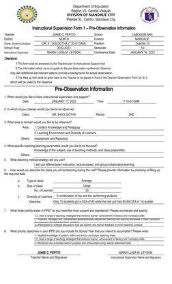 Pre-Observation Form for Instructional Supervision | PDF | Educational ...