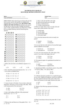 Grade 10 Math 2nd Quarter Exam | PDF | Circle | Angle