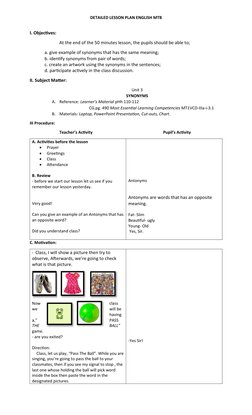 Lesson Plan on Synonyms for Grade 1 | PDF | Lesson Plan | Behavior ...