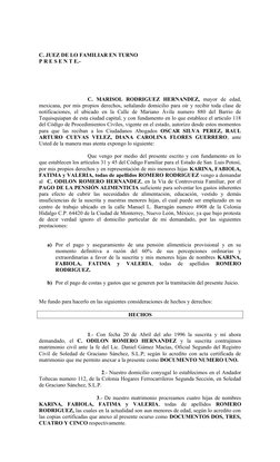C. JUEZ DE LO FAMILIAR EN TURNO
P R E S E N T E.-
C.  MARISOL  RODRIGUEZ  HERNANDEZ, mayor  de  edad,
mexicana, por mis propi
