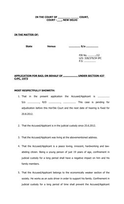 IN THE COURT OF ________ _____ COURT, 
COURT -___, NEW DELHI
               
       
IN THE MATTER OF:
State
Versus
.........