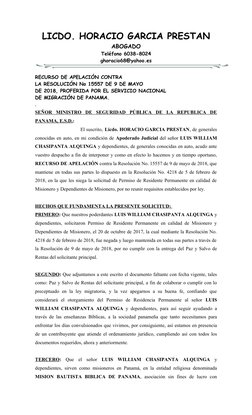 LICDO. HORACIO GARCIA PRESTAN
ABOGADO
Teléfono 6038-8024
ghoracio68@yahoo.es
RECURSO DE APELACIÓN CONTRA
LA RESOLUCIÓN No 155
