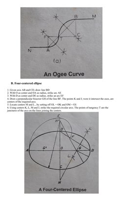 B. Four-centered ellipse
1. Given axis AB and CD, draw line BD
2. With O as center and OA as radius, strike arc AE
3. With D