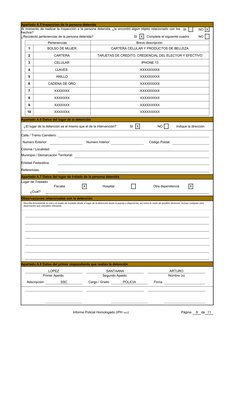 Apartado A.5 Inspeccion de la persona detenida 
SI
NO X
¿Recolectó pertenencias de la persona detenida?
SI
X
Complete el sigu