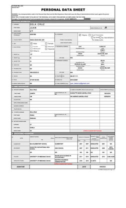 PERSONAL DATA SHEET
READ THE ATTACHED GUIDE TO FILLING OUT THE PERSONAL DATA SHEET (PDS) BEFORE ACCOMPLISHING THE PD