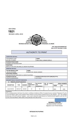 BIR Form 1921: Authority to Print | PDF | Printer (Computing) | Invoice