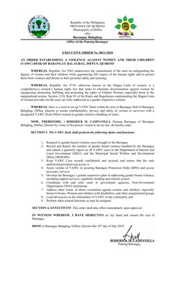 Republic of the Philippines
PROVINCE OF QUIRINO
Municipality of Diffun
-o0o-
Barangay Balagbag
Office of the Punong Barangay