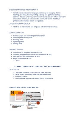 ENGLISH LANGUAGE PROFICIENCY 1
Aims to improve students language proficiency by engaging then in 
listening, speaking, readi