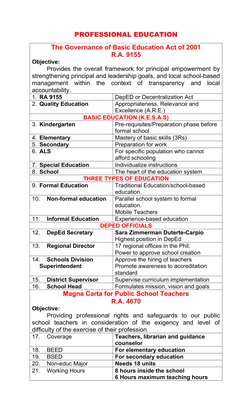PROFESSIONAL EDUCATION
The Governance of Basic Education Act of 2001
R.A. 9155
Objective:
Provides the overall framework for