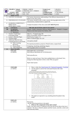Grade 6 Science 4th Quarter Lesson Plan | PDF | Planets | Solar System