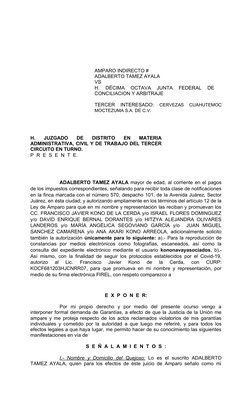 AMPARO INDIRECTO #
ADALBERTO TAMEZ AYALA    
VS 
H.  DÉCIMA  OCTAVA  JUNTA  FEDERAL  DE
  
CONCILIACION Y ARBITRAJE 
TERCER