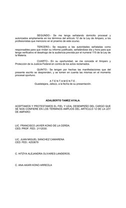 SEGUNDO.-  Se  me  tenga  señalando  domicilio  procesal  y
autorizados ampliamente en los términos del artículo 12 de la Ley