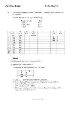 Advance Excel 
      
MIS Analyst
Q. 3
The following worksheet contains Customer No. , Number of units
consumed for
10 custom