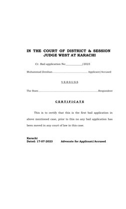 IN THE COURT OF DISTRICT & SESSION  
JUDGE WEST AT KARACHI
          Cr. Bail application No:____________/2023
Muhammad Zeesh