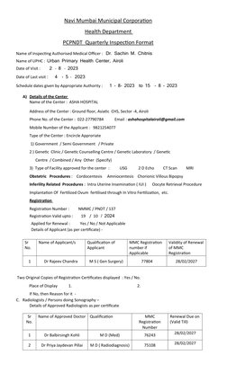 Navi Mumbai Municipal Corporation
Health Department 
PCPNDT  Quarterly Inspection Format
Name of Inspecting Authorised Medica