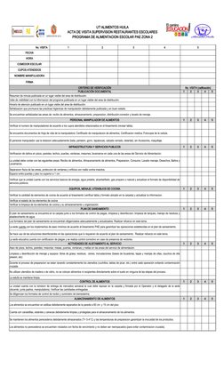 UT ALIMENTOS HUILA
ACTA DE VISITA SUPERVISION RESTAURANTES ESCOLARES
PROGRAMA DE ALIMENTACION ESCOLAR PAE ZONA 2
No. VISITA
1