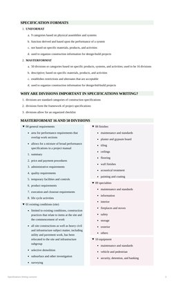 Specifications Writing Lectures
3
SPECIFICATION FORMATS
1. UNIFORMAT
a. 9 categories based on physical assemblies and systems
