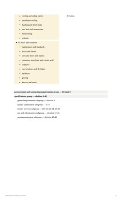 Specifications Writing Lectures
5
roofing and siding panels
membrane roofing
flashing and sheet metal
roof and wall accessori