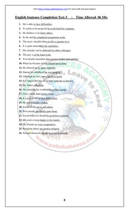 Visit https://www.pakshaheens.com  (https://www.pakshaheens.com/)for more pdf and past papers 
8 
 
English Sentence Completi