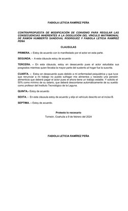 FABIOLA LETICIA RAMÍREZ PEÑA
CONTRAPROPUESTA  DE  MODIFICACIÓN  DE  CONVENIO  PARA  REGULAR  LAS
CONSECUENCIAS INHERENTES A L