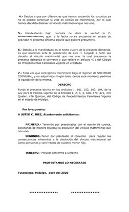 4.- Debido a que por diferencias que hemos sostenido los suscritos ya
no es posible continuar la vida en común de matrimonio
