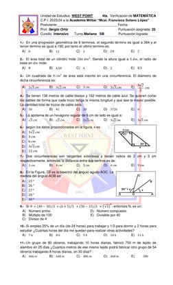 Unidad de Estudios  WEST POINT          4ta.  Verificación de MATEMÁTICA 
 
C.P.I. 2023/24 a la Academia Militar “Mcal.