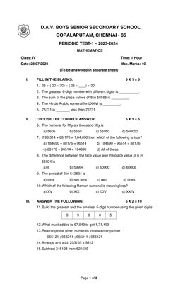 Class 4 DAV Maths Periodic Test 1 | PDF | Numbers | Mathematical Notation