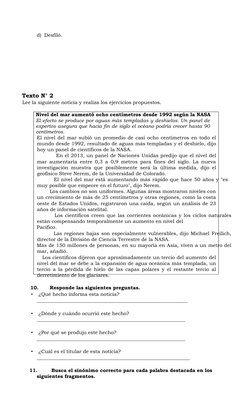 d) Desfiló.  
 
 
 
 
 
 
 
 
 
Texto N° 2  
Lee la siguiente noticia y realiza los ejercicios propuestos.  
 
Nivel del mar