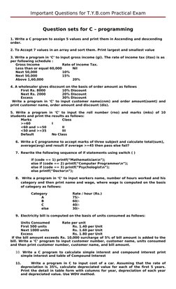 Important Questions for T.Y.B.com Practical Exam
Question sets for C – programming
1. Write a C program to assign 5 values an