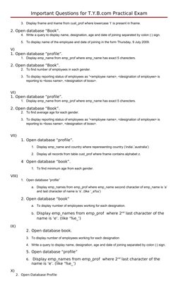 Important Questions for T.Y.B.com Practical Exam
3.
Display fname and lname from cust_prof where lowercase ‘t’ is present in