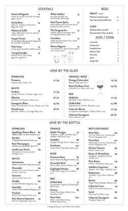 wine by the bottle
SPARKLING
Sparkling Chenin Blanc 	 80
‘Bubbles of Steen,’ Leo Steen, Mendocino, 2022 
Pet Nat	
68
‘Princip