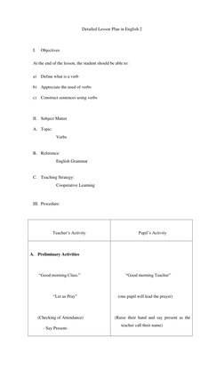 Grade 2 Verb Lesson Plan | PDF | Lesson Plan | English Grammar