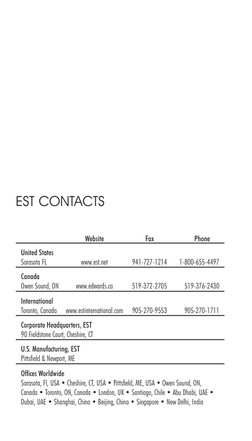 EST CONTACTS
Website
Fax
Phone
United States
Sarasota FL
www.est.net
941-727-1214
1-800-655-4497
Canada
Owen Sound, ON
www.ed