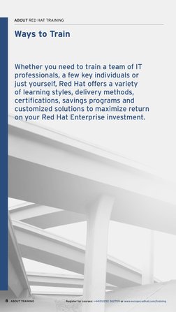 ABOUT RED HAT TRAINING
ABOUT TRAINING
8
Register for courses: +44(0)1252 362709 or www.europe.redhat.com/training
Ways to Tra