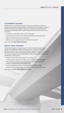 ABOUT TRAINING 9
ABOUT RED HAT TRAINING
Register for courses: +44(0)1252 362709 or www.europe.redhat.com/training
Classroom t