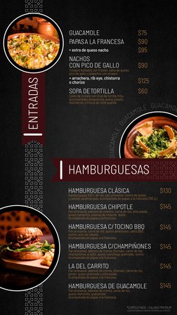 ENTRADAS
GUACAMOLE
PAPAS A LA FRANCESA
+ extra de queso nacho
NACHOS
CON PICO DE GALLO
Totopos bañados con frijoles, salsa de