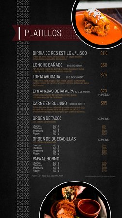 PLATILLOS
BIRRIA DE RES ESTILO JALISCO
Orden de birria estilo Jalisco (130 g) o 4 tacos dorados
o blandos acompañados de cons