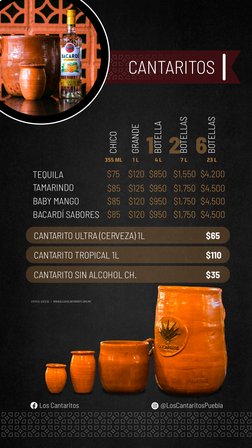 CANTARITOS
Los Cantaritos
@LosCantaritosPuebla
EVITA EL EXCESO   |   WWW.ALCOHOLINFORMATE.ORG.MX
CANTARITO ULTRA (CERVEZA) 1L